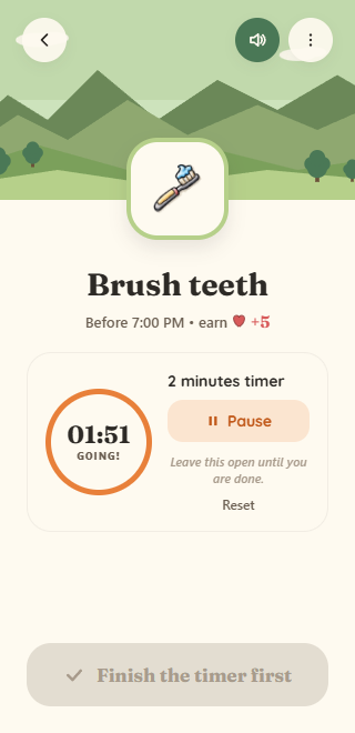 Children's app quest detail — Brush teeth with a 2-minute focus timer at 01:51, a Pause button, and a gated Finish-the-timer-first CTA.