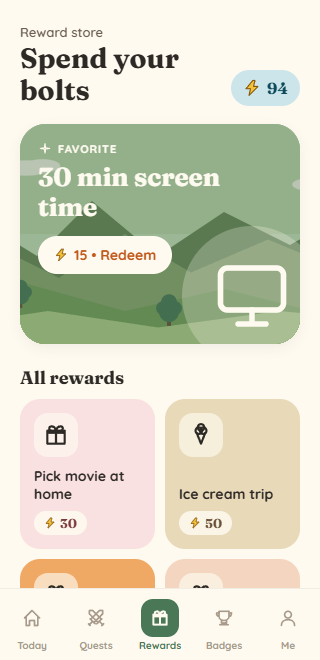Children's app reward store — Spend your bolts header with 94-bolt balance, a favorite reward card for 30 minutes of screen time, and an All Rewards grid (Pick movie at home, Ice cream trip).