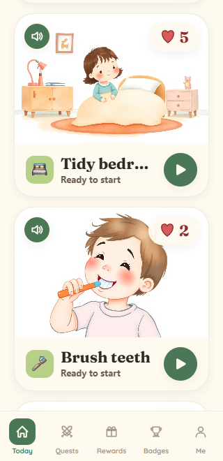Children's app Today screen in picture-book mode — large AI-generated illustrations for tidying a bedroom and brushing teeth, with heart tokens and a play-audio button on each card.
