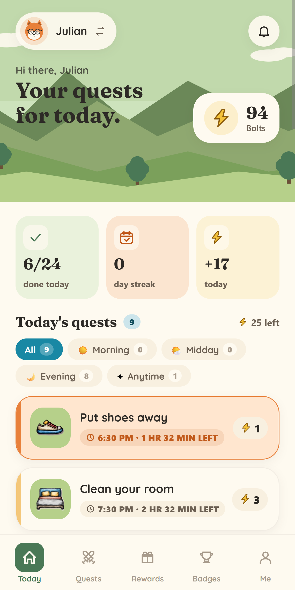 Today's quests in the Havenquest children's app — green mountain header, three stat cards, and a list of today's quests with token rewards.