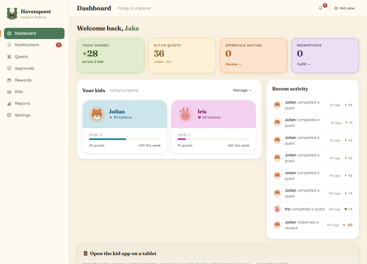 Parent portal Dashboard — four KPI cards (Today earned, Active quests, Approvals waiting, Redemptions), per-child level cards with XP progress, and a Recent activity feed showing each completed quest with timestamp and token delta.