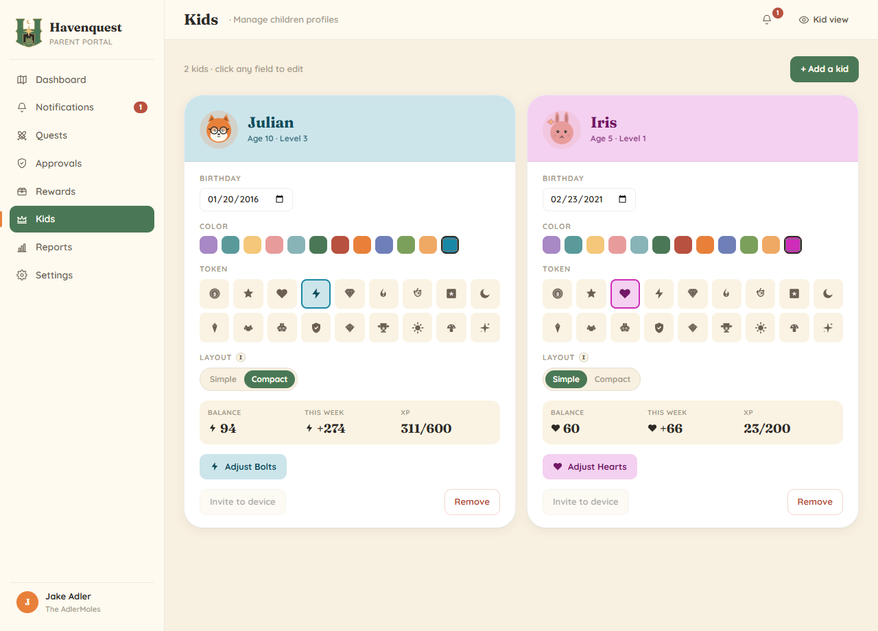 Parent portal Children page — side-by-side cards for Julian (age 10, fox avatar) and Iris (age 5, bunny avatar), each with birthday picker, 12-color palette, 18-token grid, layout toggle, balance/week/XP stats, and Adjust button.